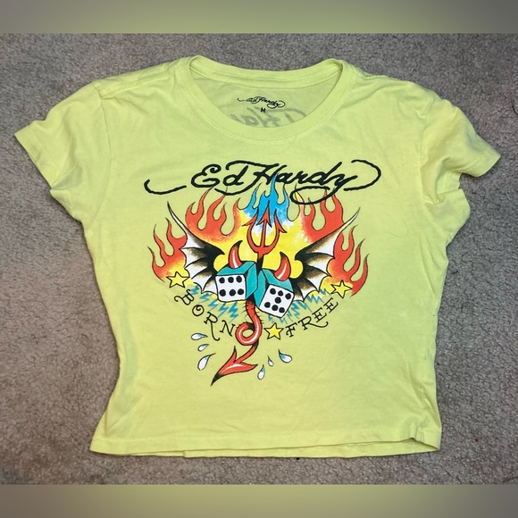 Ed Hardy Tops - ‼️SOLD‼️ Vintage Y2K Ed Hardy Baby Tee Yellow Size Medium